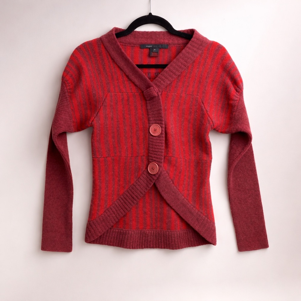 Marc Jacobs Red Striped Cardigan Lambswool Fitted Scandi Chic Button Front M - Picture 2 of 9